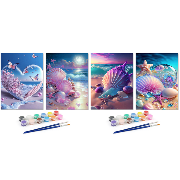 Kit Pintura Por Números 2 Uds. Sobre Lienzo Arte Al Óleo Artesanal Conchas Océano Imagen Artística 30x40cm