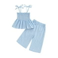 thumbnail image 1 of Conjunto de verano para niña pequeña: top sin mangas fruncido con tirantes finos y estampado a cuadros, y pantalones holgados (2 piezas)., 1 of 9