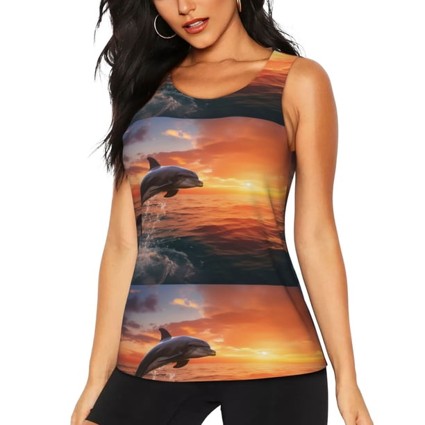 Balery Sunset Dancing Dolphin B Camiseta sin mangas estampada ligera para mujer, tops de entrenamiento sin mangas, camisetas de yoga transpirables de secado rápido.-Medium