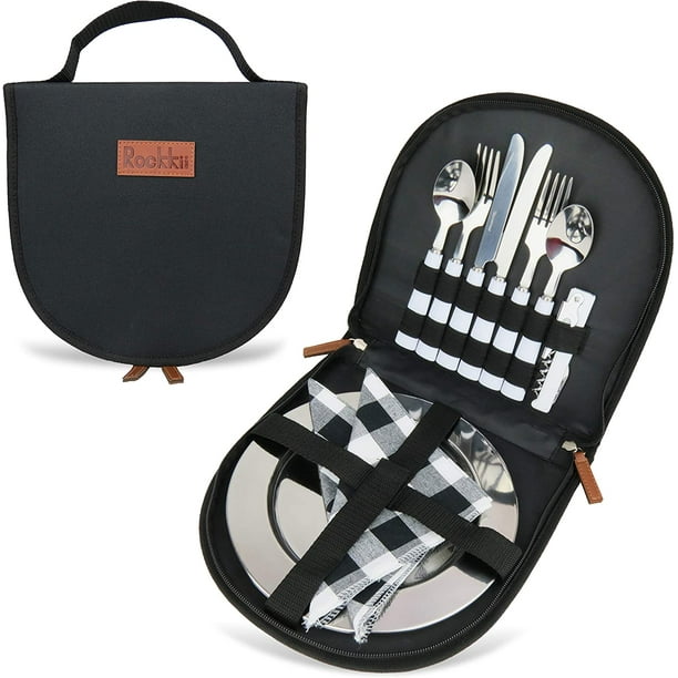 Camping Silverware Set with Case, 11 Pcs Camping Mess Kit with Stainless  Steel Plates, Picnic Set for 2, Travel Silverware Set, Camping Utensils for 