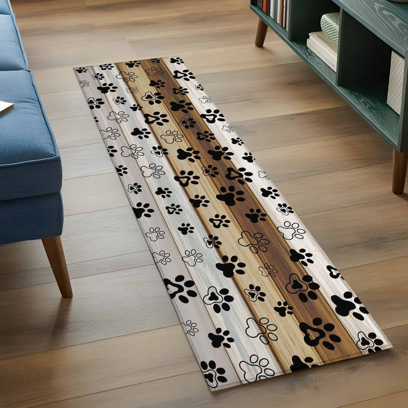 2'x6' Rug Runners for Hallways Kitchen, Cute Dog Claws Non Slip Entryway Beside Floor Carpet Runner, Farmhouse Brown Grey Wooden Puppy Pawprints Laundry Room Bedroom Throw Rugs Mat for Family Pet