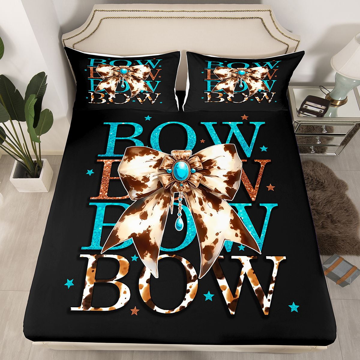 Homewish Ribbon Bow Bowtie Twin Sheet Sets,Rustic Cow Hide Twin Fitted Sheet,Black Brown 03 For Child,Ultra Soft Home Decor,3 Pieces