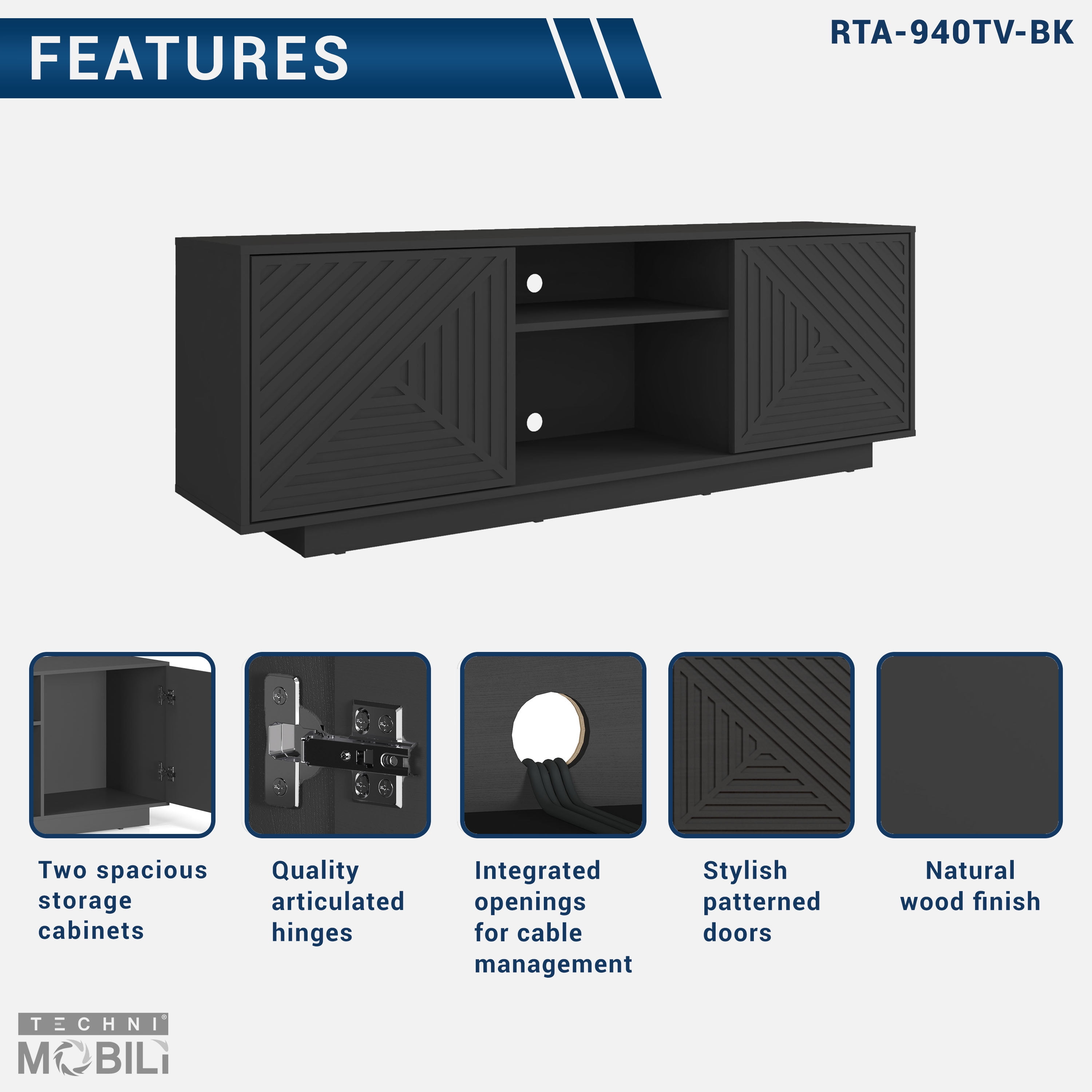 Techni Mobili Modern TV Stand for TV’s up to 70” with 2 Storage Cabinets with Patterned Doors, Black RTA-940TV-BK