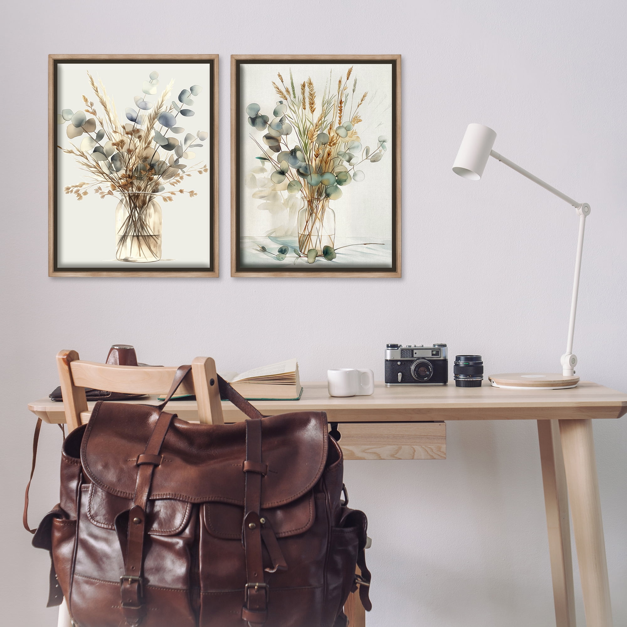 Stupell Industries Eucalyptus Jar Bouquets Plants & Flowers Painting Brown Floater Framed Canvas Art Print Wall Art, 21 x 31, Set of 2
