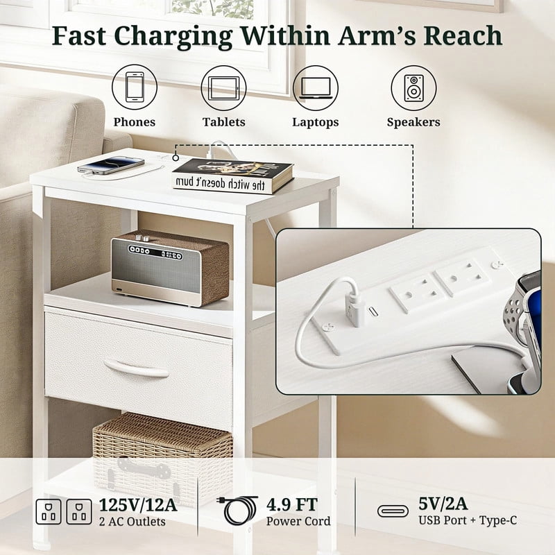 Kelno 2PCS Nightstand with Fabric Drawer Charging Station USB TypeC Outlets Small Bedside Table with Adjustable Shelf, White