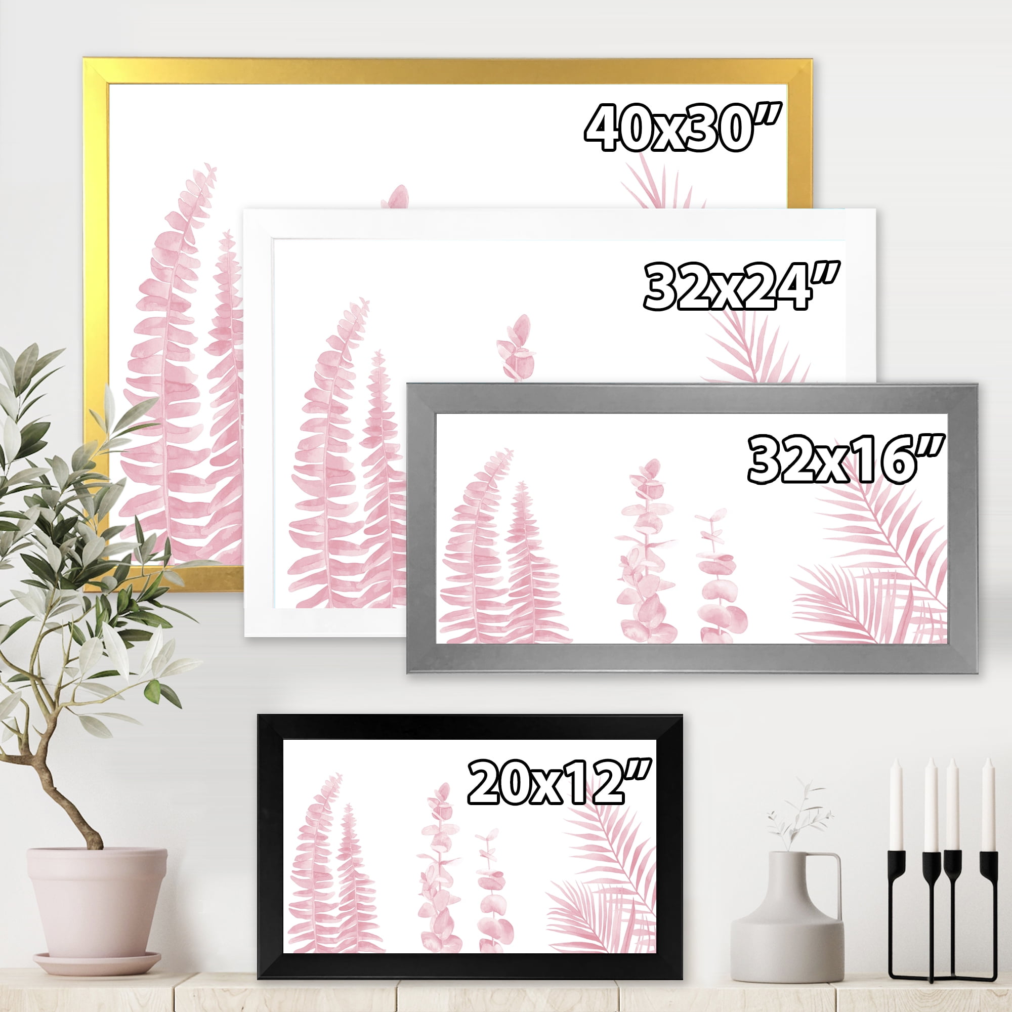 Designart 'Palm Branches and Blush Pinkeucalyptus' Shabby Chic Framed Art Print