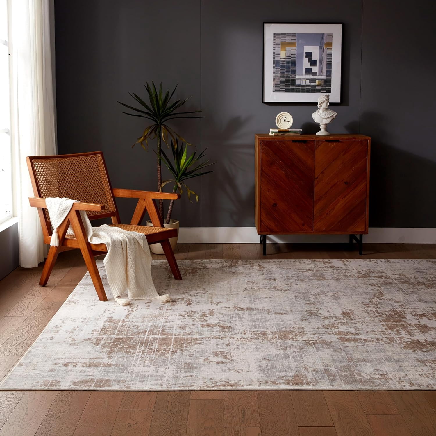 Sleep Zone 8x10 Washable Non Slip Area Rug Beige Abstract, Wave edge Scalloped Water Resistant Rug for Bedroom Living room