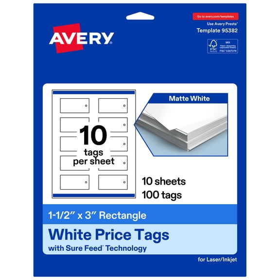 Avery Rectangle Price Tags, 1-1/2" x 3", Matte White, 100 Total