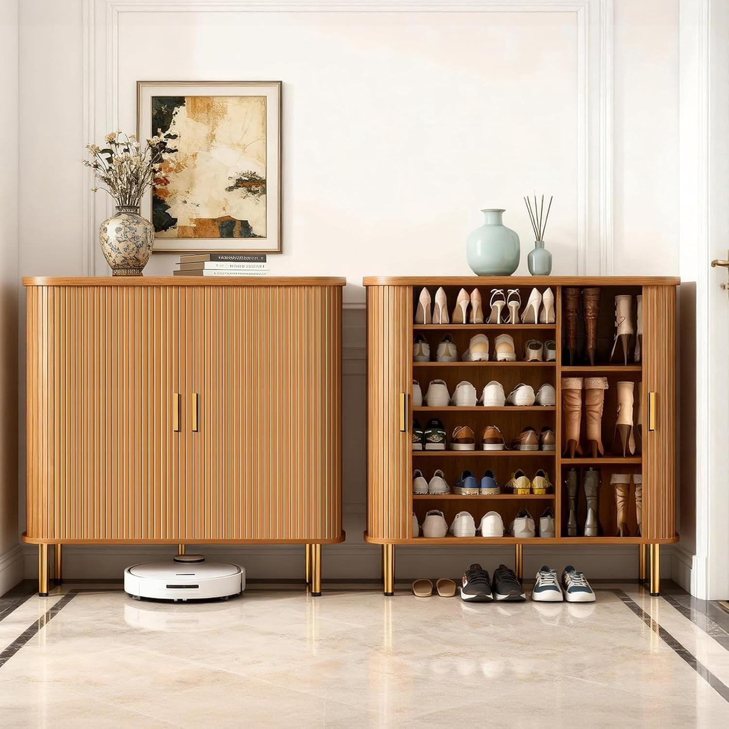 Shoe Storage Cabinet with Sliding Door, 6-Tier Shoe Cabinet with Adjustable Shelves, Mid-Century Modern Freestanding Shoe Storage Organizer for Entryway, Hallway, Living Room (Yellow)