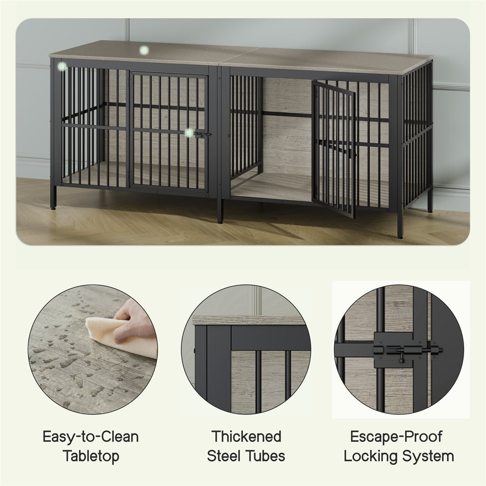 80" Dog Crate Furniture,  Heavy Duty Double-Door Dog Indoor Kennel End Table for Decoration & Large Dogs, Gray