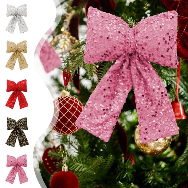 Adorno de lazo de Navidad | Gran decoración navideña de lentejuelas | Rojo, Dorado, Plata, Negro, Rosa | Tela de 12"x8" | Acento llamativo de ventana y árbol de Navidad | Decoración festiva duradera