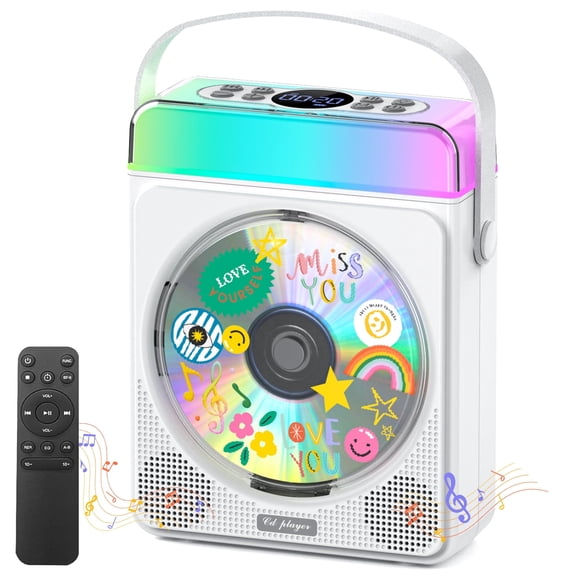4000mAh Portable CD Player with Bluetooth & RGB Lights,  Rechargeable Personal CD Player with Speakers & Remote, Bass Boost, USB/TF/AUX Support, for Home/Outdoor Use (White）