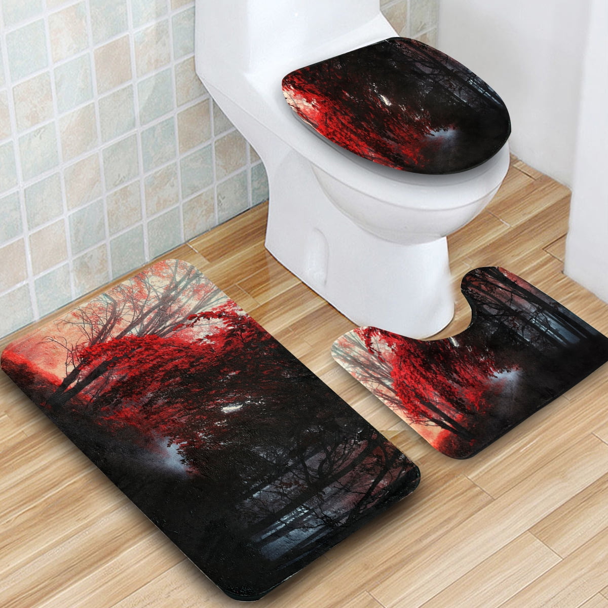 3Pcs Set Sun Shady Forest Pedestal Toilet Seat Rug Lid Cover Bath Mat