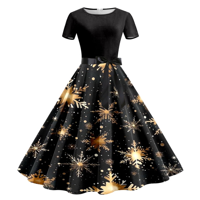 Women's Christmas Print Short Sleeve 1950s Style Round Neck Midi Dress for Holiday Party Evening
