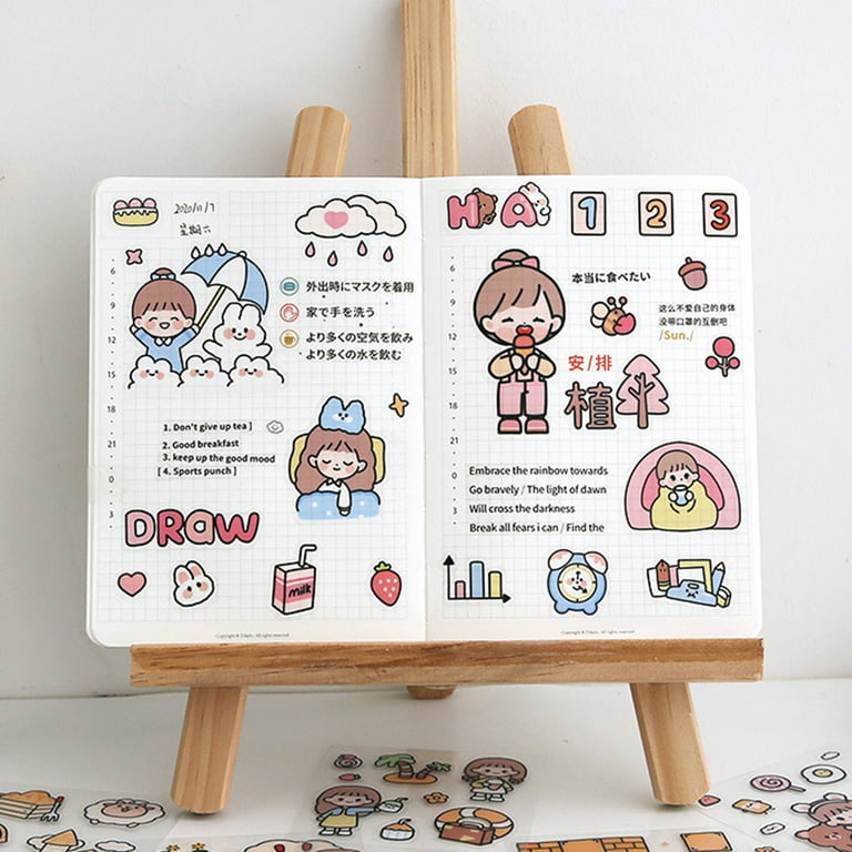 PET Waterproof Sticker Cute Girl Cartoon Journal Decoration Sticker Journal  Material,Blue (Pack of 3) 