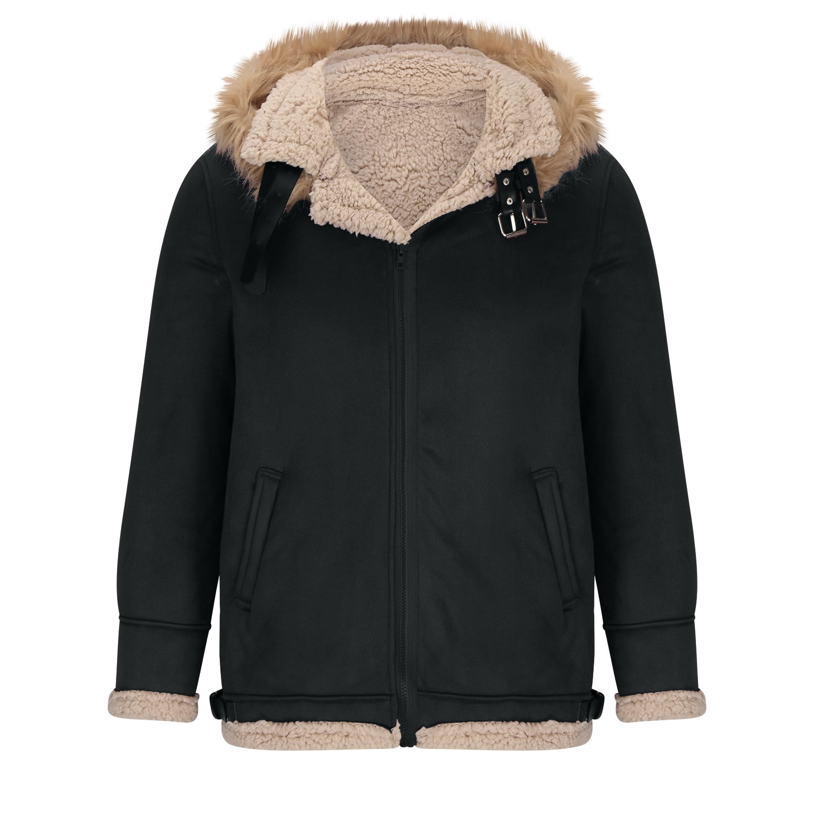 CHEEREAM Faux Leather Jacket Men Suede Faux Fur Jacket Outwear Coat with Hooded Winter Casual Sherpa Lined PU Leather Overcoat Black 3XL