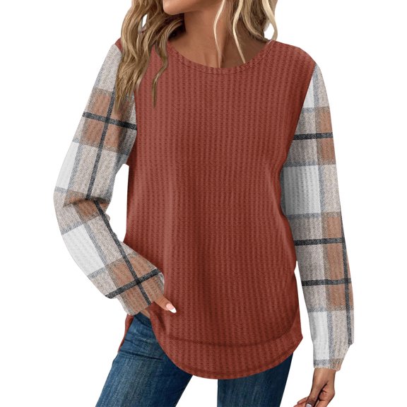 Kixjoy Crewneck Sweater Women Plus Size Casual Long Sleeve Tunic Top Loose Fit Waffle Knit Plaid Shirt Fashion Fall Outfit for Women, Brown S