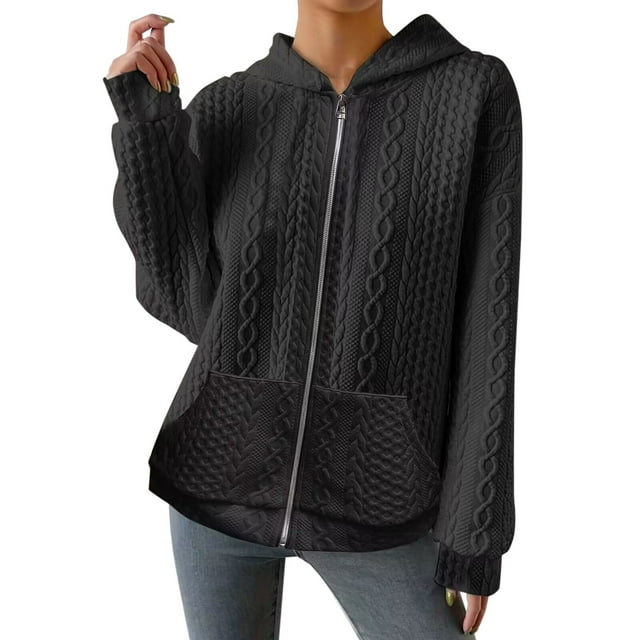 Baberdicy Cardigans pour Femmes Légers Cardigan d'Automne Uni en Jacquard à Fermeture Éclair avec Poches Appliquées Ample Confortable Manteau Décontracté Grande Taille Hauts Noir
