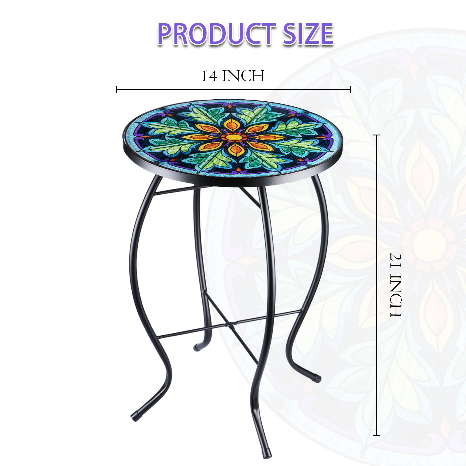 Stained Glass Floral Mandala Side Table – Round Accent Table, Indoor/Outdoor End Table,Indoor/Outdoor Patio/Living Room Decor
