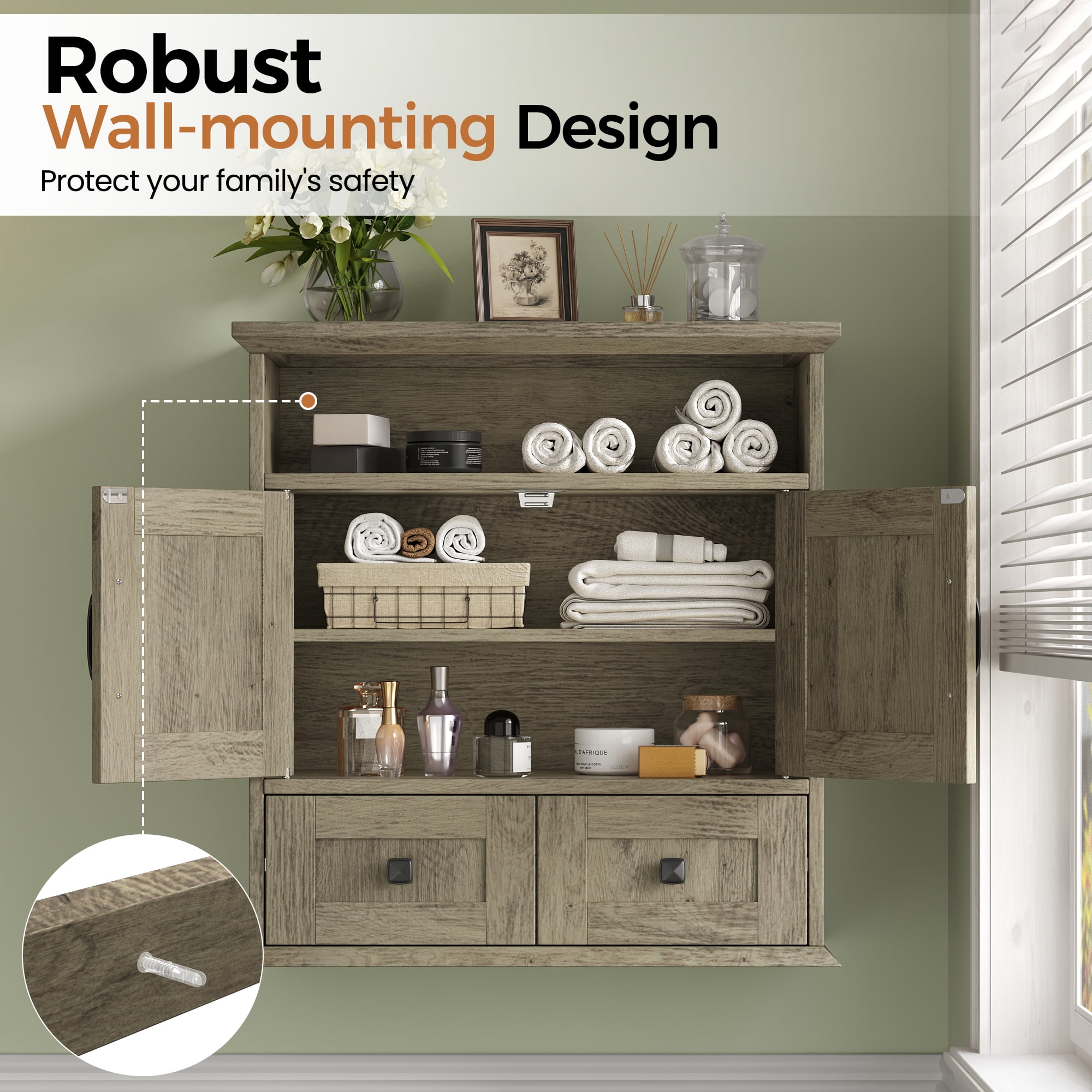 Farmhouse Wall Mounted Bathroom Cabinet with Barn Doors, Over Toilet Storage Cabinet with 2 Drawers and Adjustable Shelves, Rustic Bathroom Storage Organizer, Gray-brown