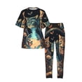 thumbnail image 3 of Women's 2 Piece Loungewear Pajama Set Short Sleeve Tee Top and Pants Set, Retro Magic Cats Cool Cat, 3 of 6