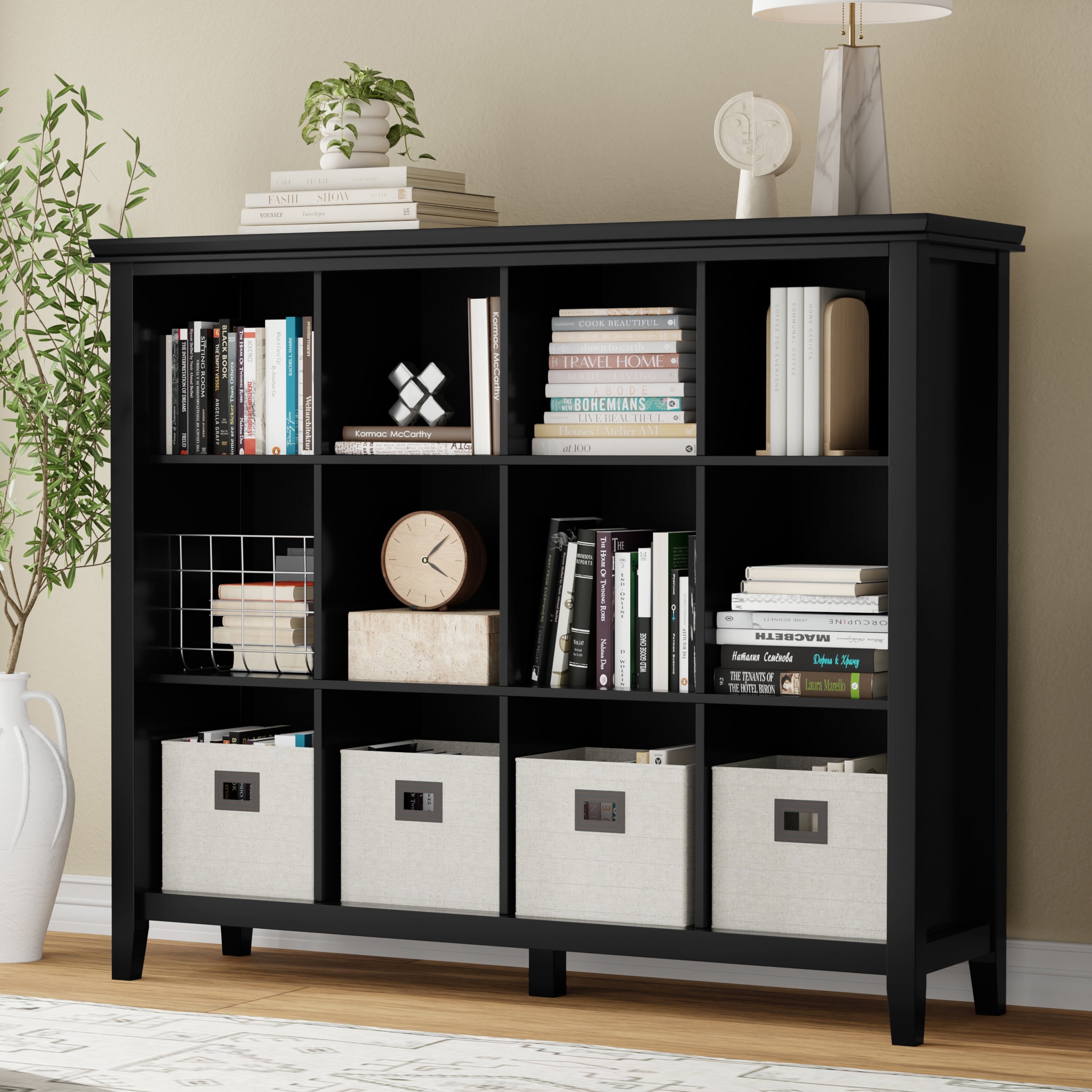 Simpli Home Artisan 48 inch x 57 inch Solid Wood Transitional 12 Cube Storage in Black