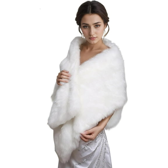 Women Faux Fur Shawl: Soft Wrap Shrug, Winter Warm Cloak Coat Cape, White Stole for Evening Party, Bridal, Wedding