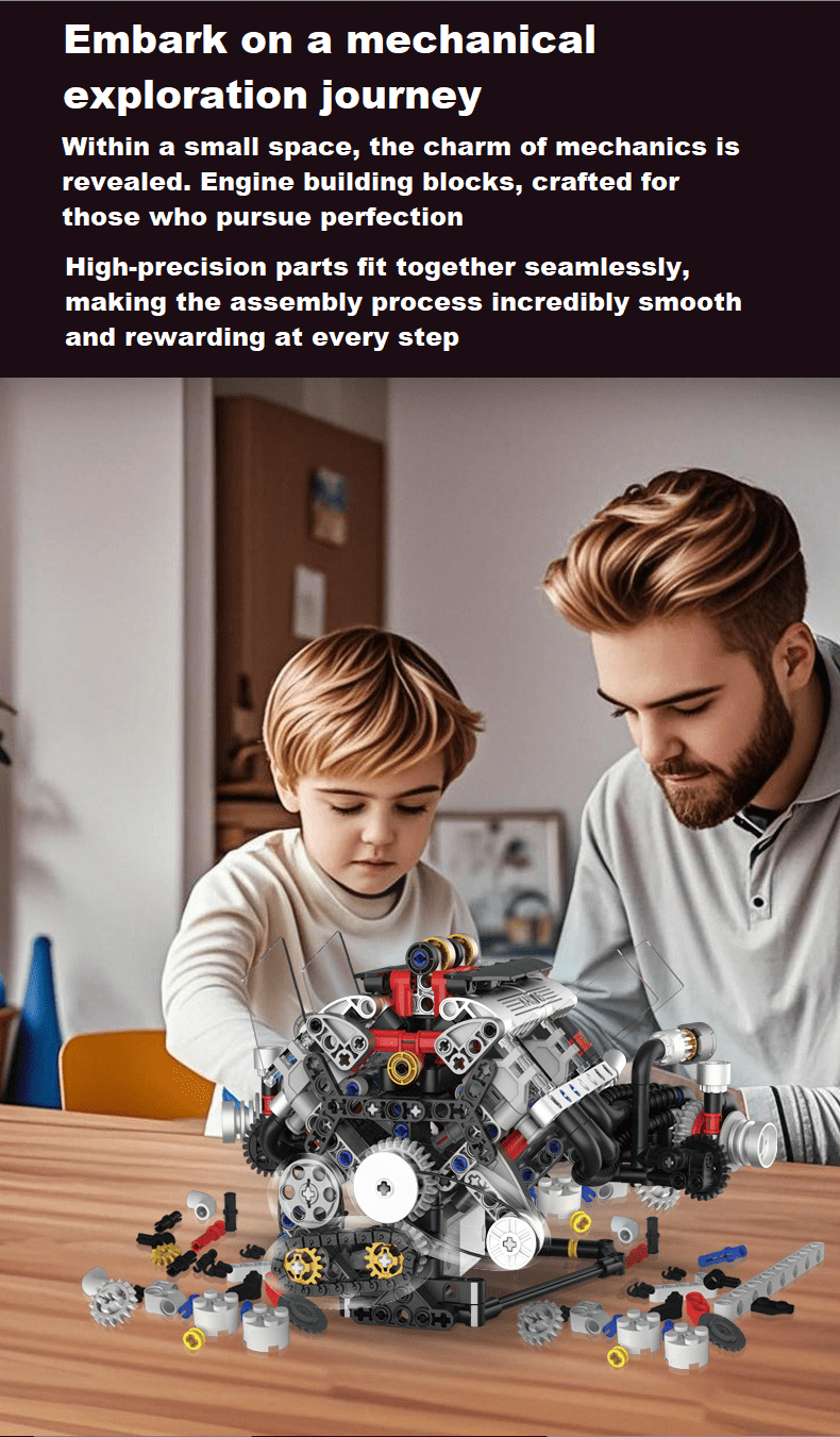 V8 Engine Building Blocks Sets, V8 Engine Model Kit That Runs, MOC Scale Model Kit with Battery and Motor, Build Your Own MOC Mini V8 Engine Model Toy, Construction Toys Gifts for Men Friends Couple