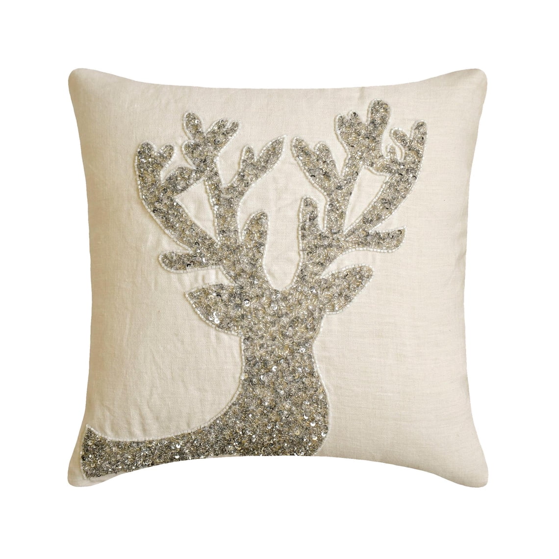 Holiday Decorative Throw Pillow cover, 16"x16" White & Silver Linen Pillowcase, Modern Reindeer Head Christmas Pillow Cover For Sofa Couch, Hotels, living Room, Bed Room - Dazzling Deer