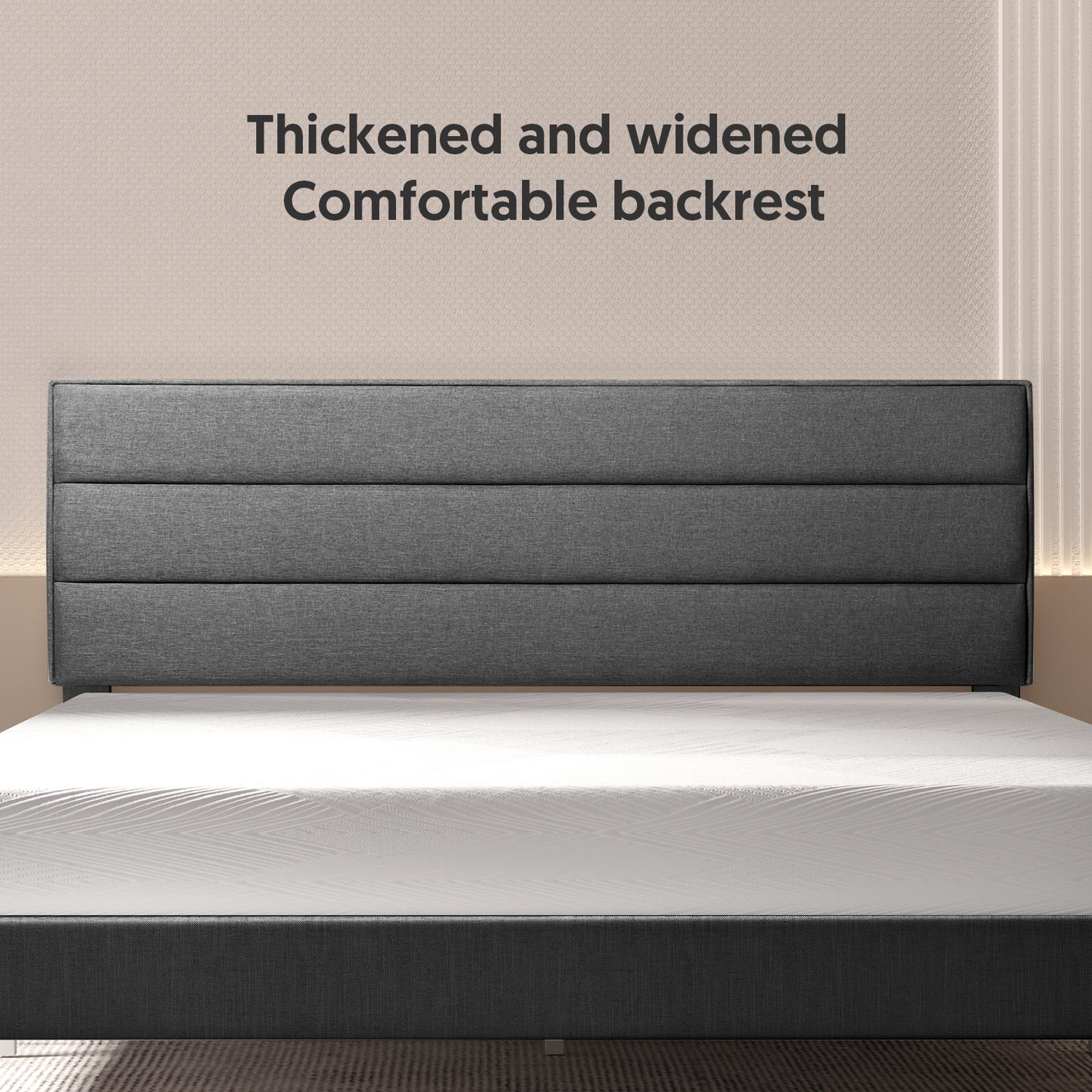 King Size Bed Frame Modern Horizontal Panel Upholstered Low Profile Platform with Tufted Headboard/No Box Spring Needed/No Bed Skirt Needed/Linen Fabric Upholstery, Grey