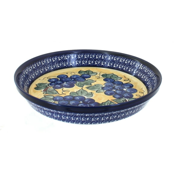 Blue Rose Polish Pottery Grapes Pie Plate with Cobalt Trim