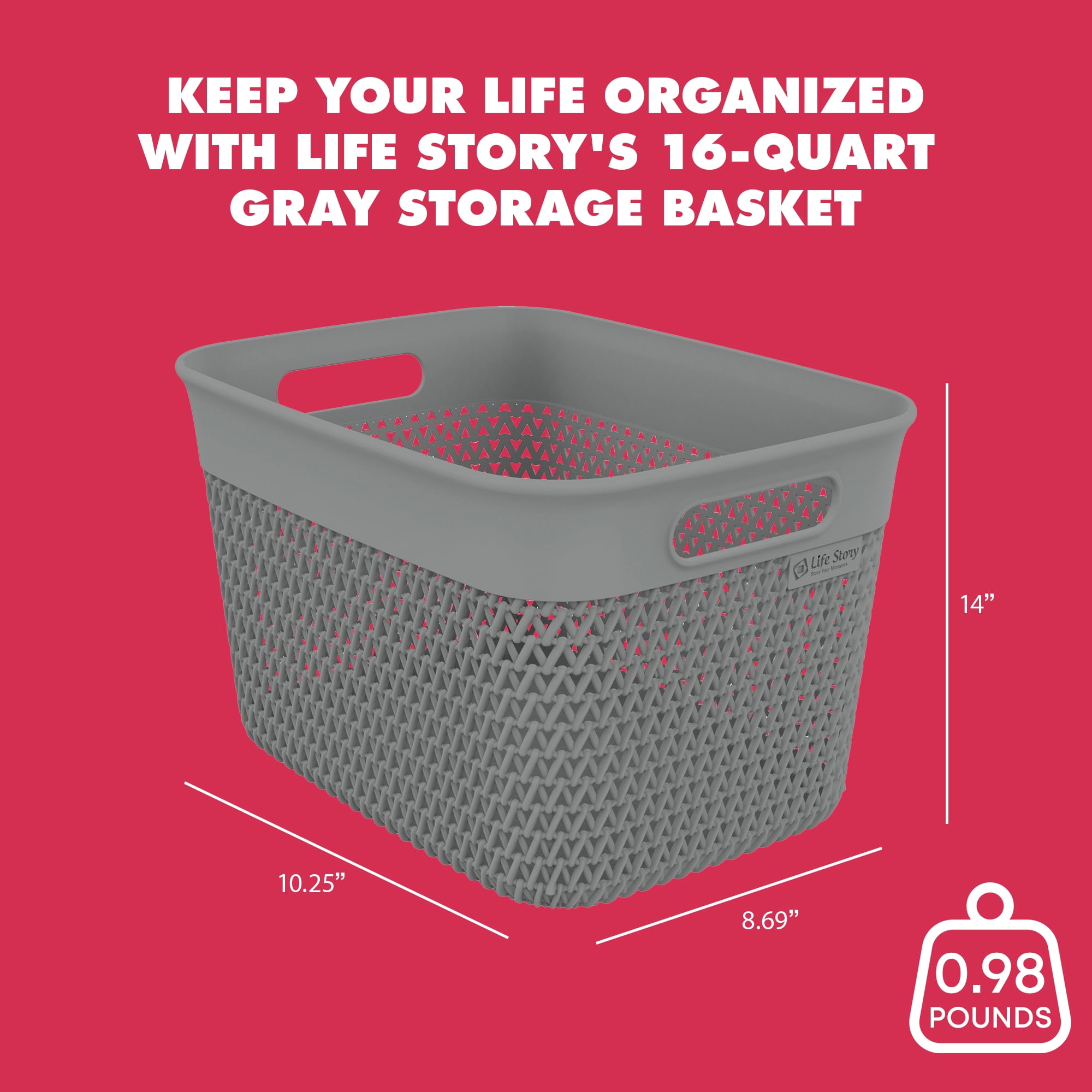 Life Story 16 Quart Decorative Storage Basket, Large Plastic Home Organizer, Gray