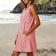 thumbnail image 4 of Women's Striped Mini Dress Gingham Tunic Dress Round Neck Sleeveless Loose A Line Sundress with Pockets Lounge Vacation Outfit Red, 4 of 8