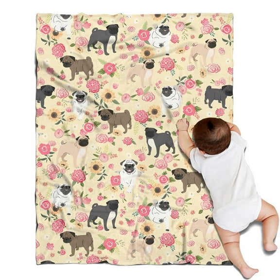 Pugs and Flowers Blanket,Comfortable Soft Flannel Throw Blanket,All Season,Warm Lightweight Blankets for Sofa Bed Couch Living Room Chair,30"x40"(80x100cm)