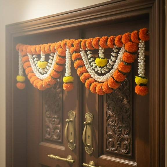 Store Indya Decorative Artificial Marigold and Pearl Toran, Traditional Orange Flower Door Hanging (Design 1)