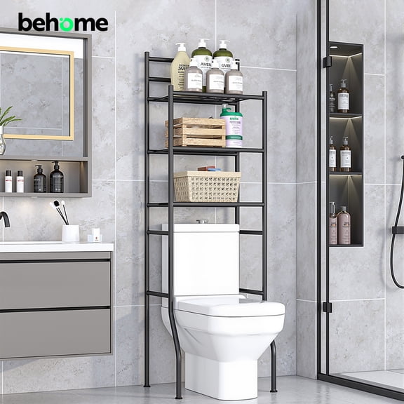 Behome 3-Tier Over The Toilet Storage Shelf, Bathroom Organizer Shelf Over Toilet with 6 Hooks, Freestanding Space Saver Bathroom Storage Shelves