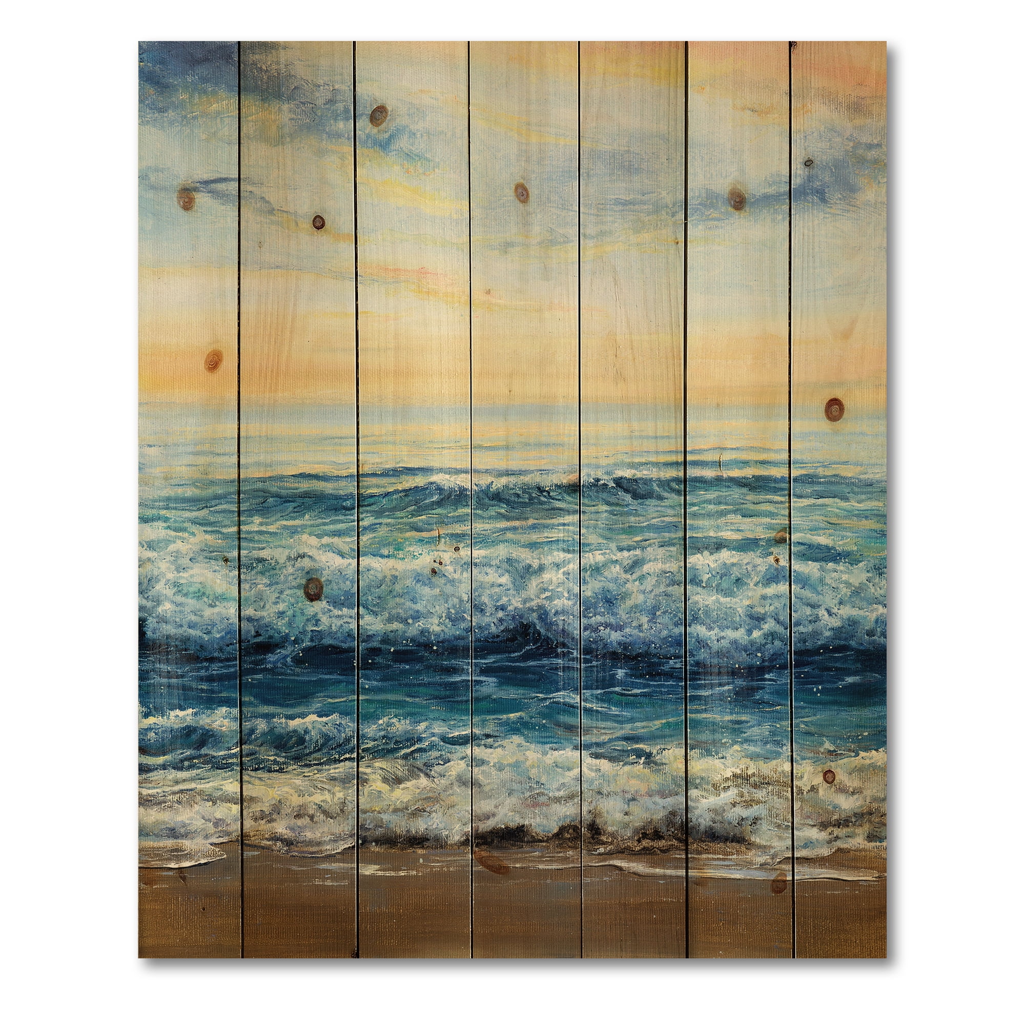 Designart 'Ocean Waves At Sunrise' Nautical & Coastal Print on Natural Pine Wood