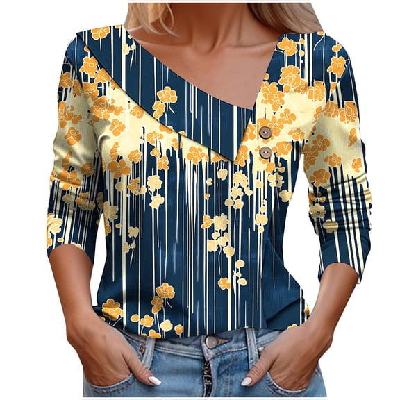 Vynhevius Women's Asymmetrical Button V Neck Blouse Printed Long Sleeve Casual Daily Wear Tunic Tops