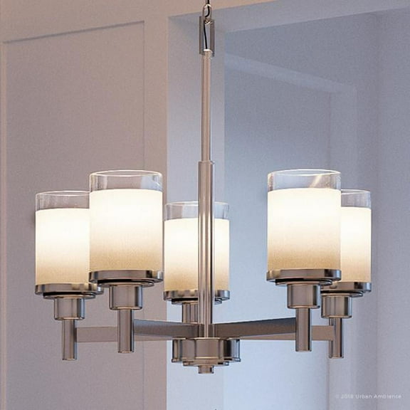 Urban Ambiance Luxury Modern Chandelier, Size: 19-3/4"H x 20"W, with Farmhouse Style Elements, Brushed Nickel Finish and Etched Linen with Clear Edge Shade, UHP2017