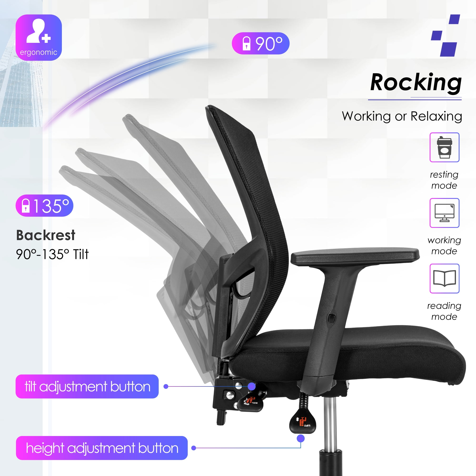 Summit Living Ergonomic Mesh Office Chair Mid Back Computer Chair with Adjustable Lumbar Support, Armrest&Seated for Home Office, Black