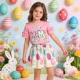 thumbnail image 2 of Laipiong Easter Bunny Floral Print Girls Two Piece Outfits With Bow Shorts And Lace Trim Top For Fashion Red 1-2, 2 of 9