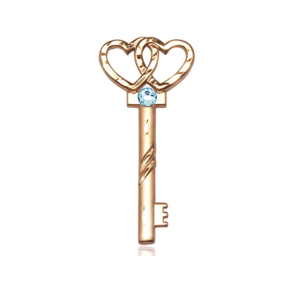 14kt Yellow Gold Small Key w/Double Hearts Medal with 3mm April Swarovski Crystal 1 1/4 X 1/2 inches