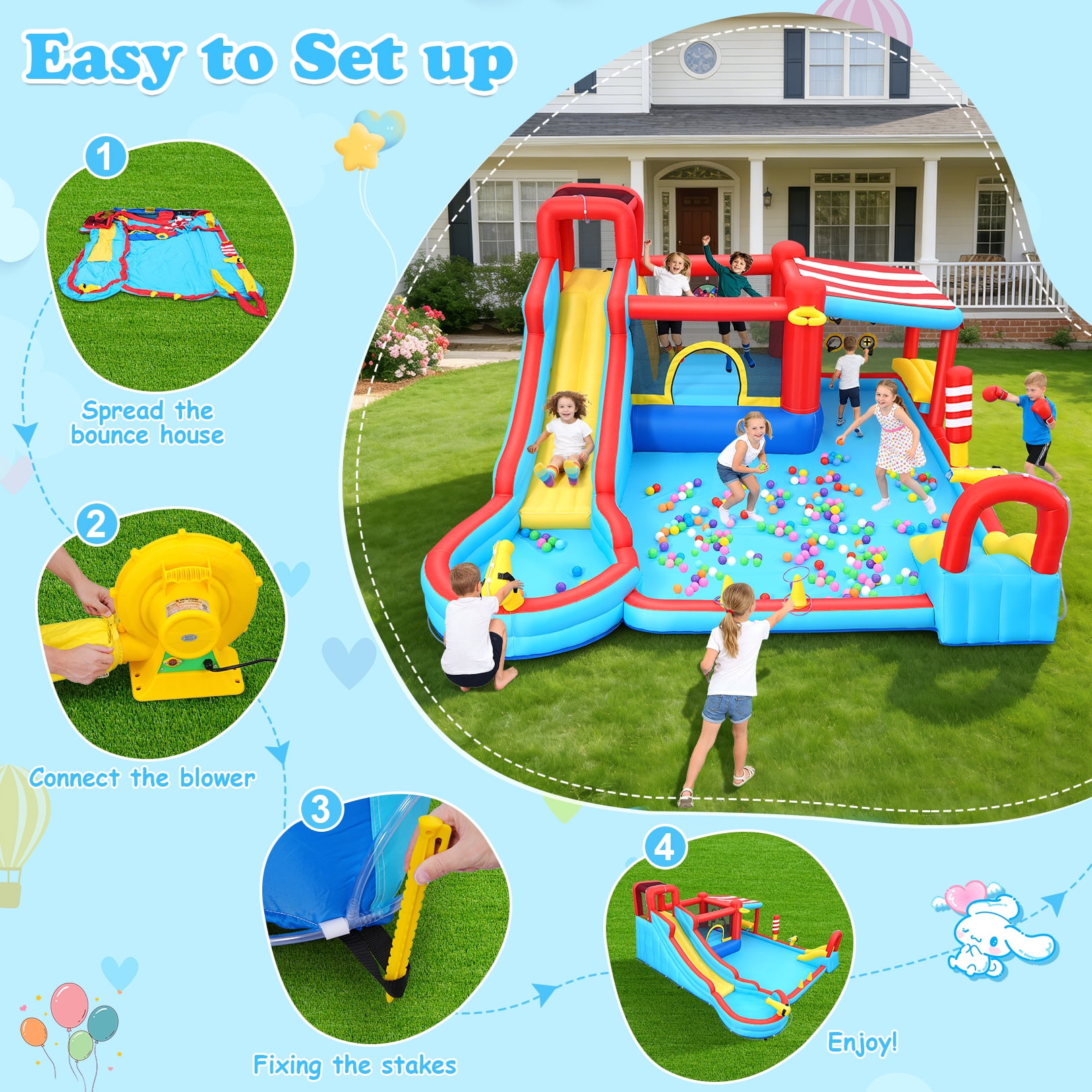 Veeboto Inflatable Water Slide with Dual Slides, Bounce House with Climbing Wall, Dual Ball Pools, Water Guns, Basketball Hoop and Punching Game, Indoor/Outdoor Kids Inflatable Castle with Blower