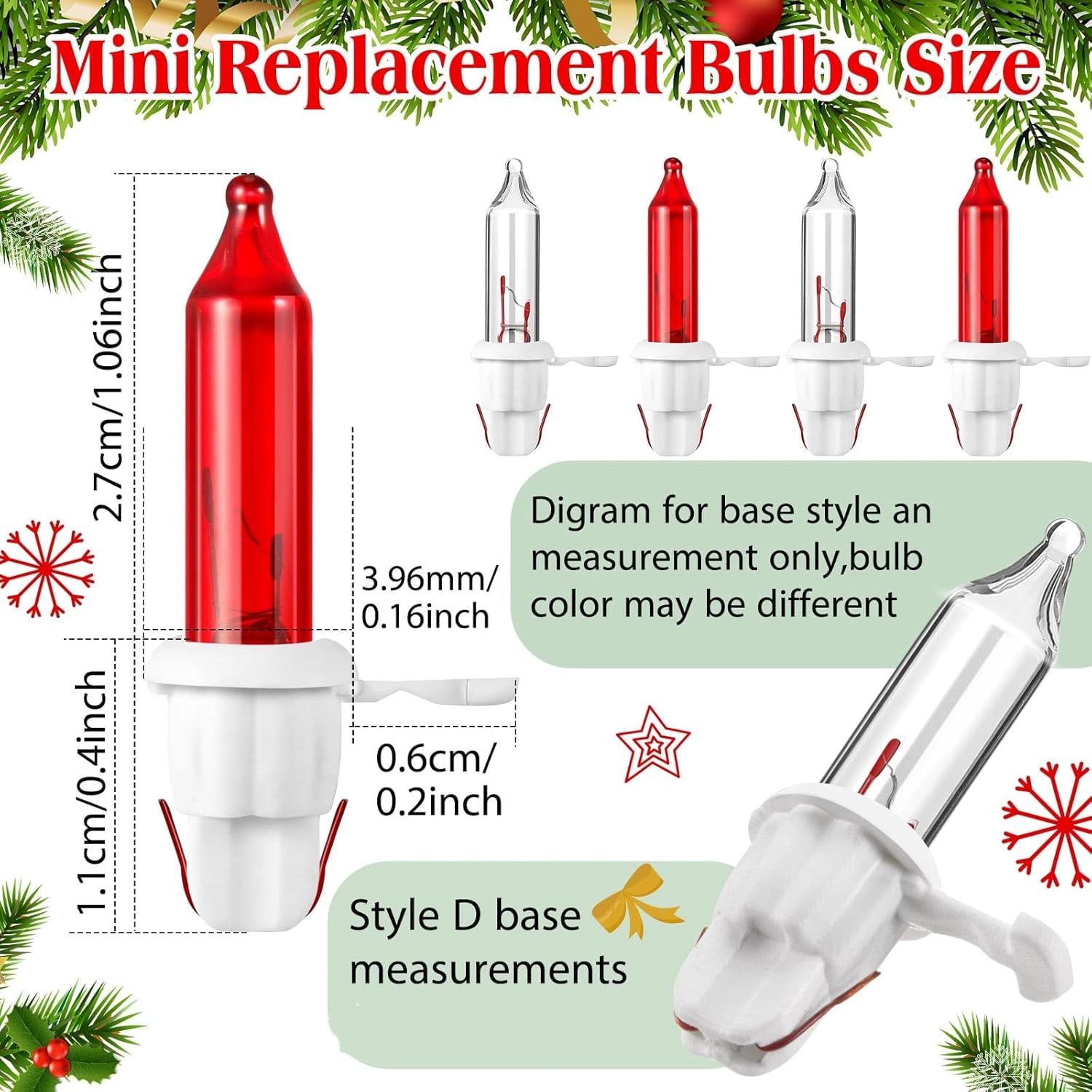 60 Count Christmas Tree Replacement Light Bulbs 2.5v 0.425 Watt Replacement Bulb Mini Incandescent Wire String Lights Decoration for Prelit Xmas Tree(Green Base with Warm White Bulb)
