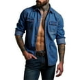 thumbnail image 2 of WTOBBY Men's Summer jean Shirt Lapel Collar Long Sleeve Solid Color Casual Fashion Button Front Lightweight Breathable Daily Office Wear Top,Blue XL, 2 of 5