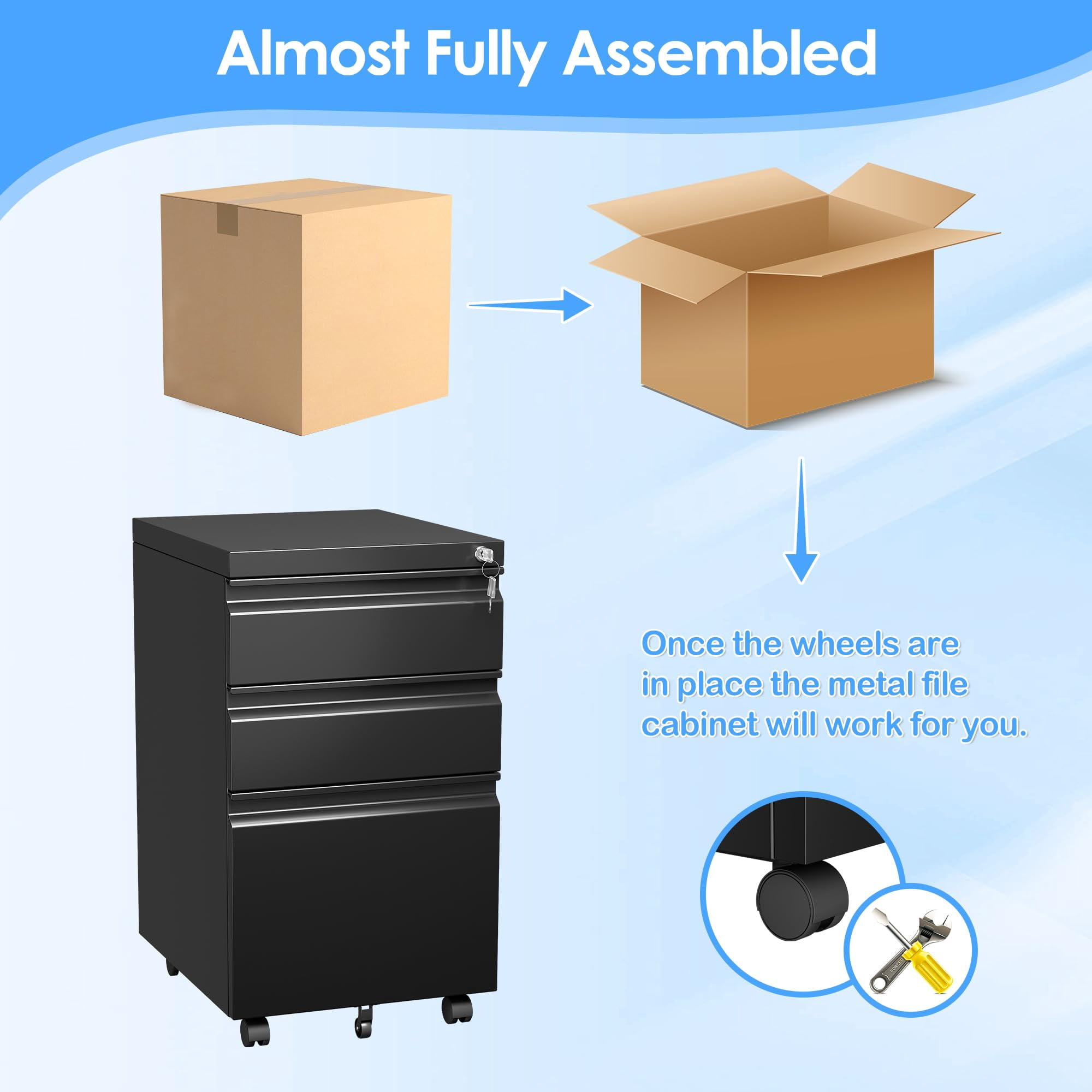 Under Desk Locking File Cabinet 3 Drawers, Metal Storage Organizer for Office Home, Legal Letter Size Documents, Compact Design, Sturdy Steel Construction, Black