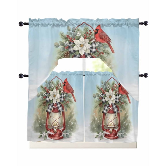 Christmas Cardinal Swag Kitchen Curtains Sets for Windows 24 Inch Length, Winter Xmas Poinsettia Berry Sky Blue Short Window Curtain Panels Swags Valances and Tiers 3 Piece Set for Cafe/Dining Room
