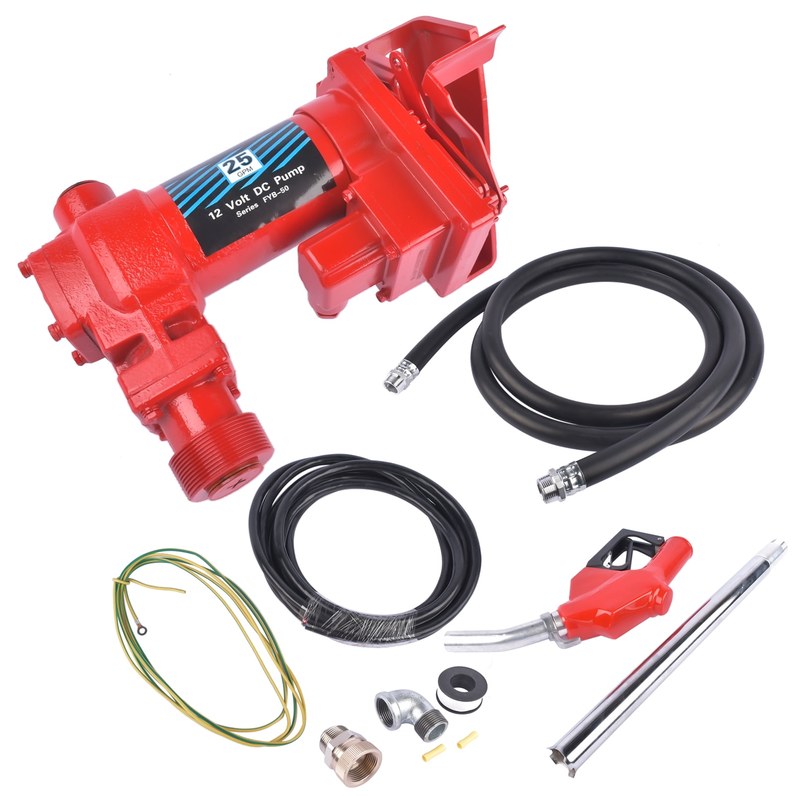 Mustrod High Flow 12V 25 GPM Fuel Transfer Pump Cast Iron w/Automatic Nozzle & Hose for Gasoline Diesel