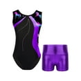thumbnail image 1 of renvena Kids Girls Rhinestone Floral Dance 2 Piece Outfits Sleeveless Gymnastics Leotards with Shorts 4-14 A Purple 12, 1 of 7