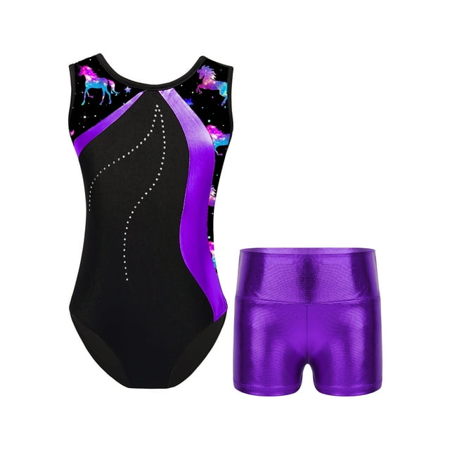 Jelory Gymnastics Leotards for Girls 2-piece Sparkle Tracksuit Tank Top Shorts Set for Sports Dancing Swimming Purple 10